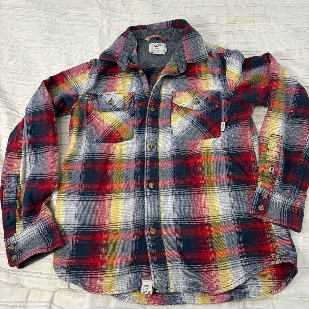 Vans Off the Wall Plaid Flannel Shirt - Red, Yellow & Blue. Size medium kids.